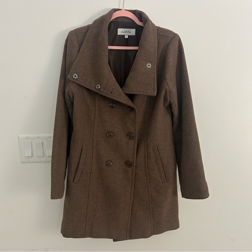 Sebby Brown Double-Breasted Pea Coat with Notched Collar